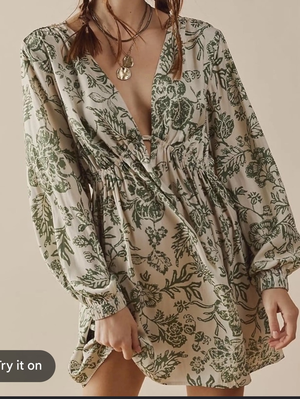 Free People Mini Dress in Cream with Olive Floral Print